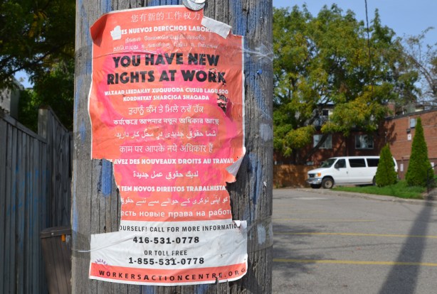 poster on utility pole advertising workers action centre, and new employee rights, in many languages
