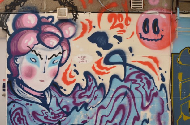 street art by rowdyradrat of Japanese woman in fluid kimono, 20 cents, scary pink smiley face