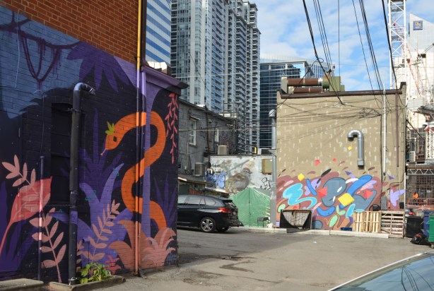 laneway with murals, an orange snake by muisca, blobs by Andre Kan, and a sparrow by luvs