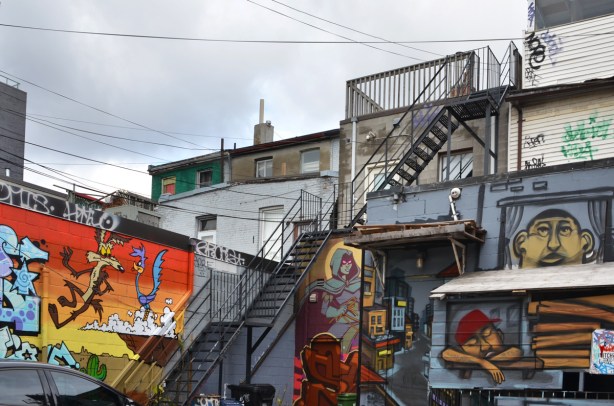 upper levels of apartments and businesses on College street as seen from alley behind, some street art, a painting of the road runner, and elicser mural, lots of stairs,
