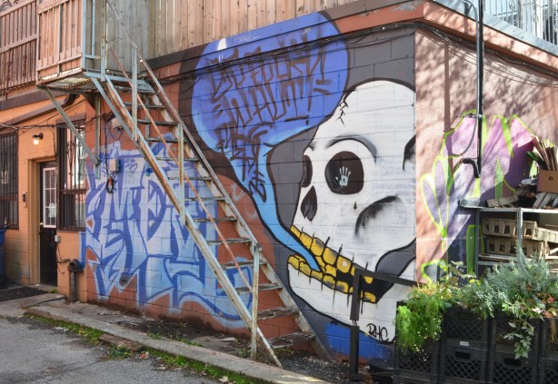 street art painting of a large white ckull with yellow teeth and a blue word bubble coming from its mouth