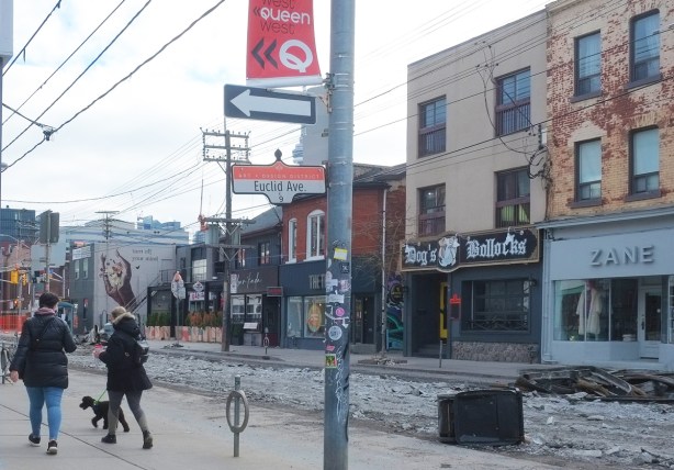 two women walking dogs on Queen West at Euclid