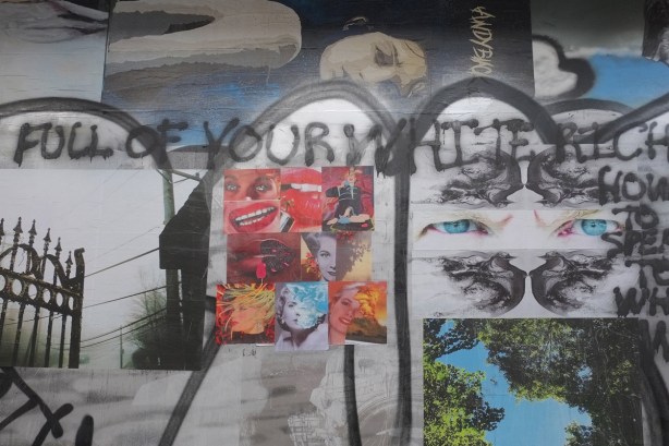 paper pasteups, a grouping of ten or eleven photos including two large mouths, a woman with blond hair, a woman with blue hair, and others