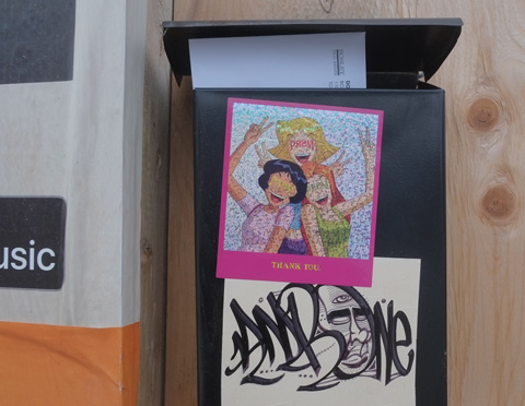 pink bordered sticker with three cheering women, words say thanks