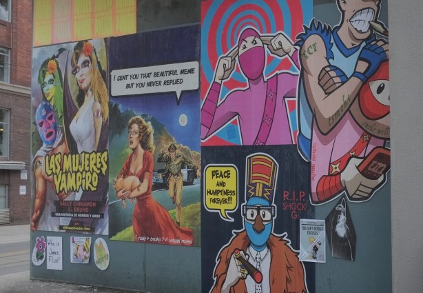 posters on a wall, urban ninja squadron, visual noise, and others