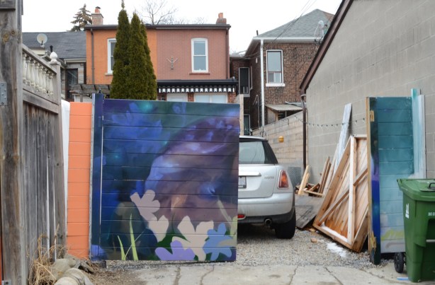 car parked behind a house, gate across back of yard is partially closed and a mural can be seen on it, other part of gate is open so other part of mural is blocked