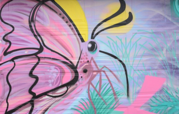 pink and purple butterfly mural on a garage door 