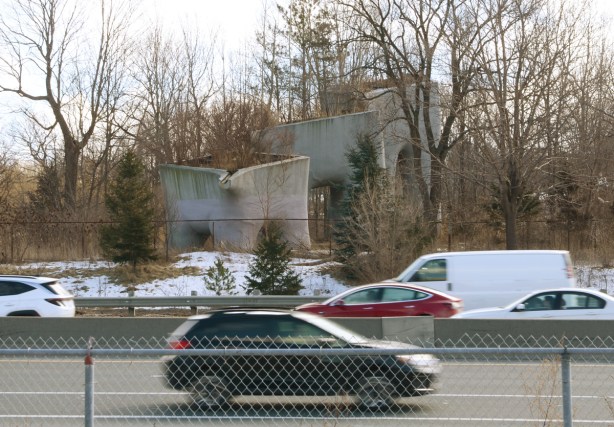 looking across traffic on the Don Valley Parkway to the other set of elevated wetlands sculptures