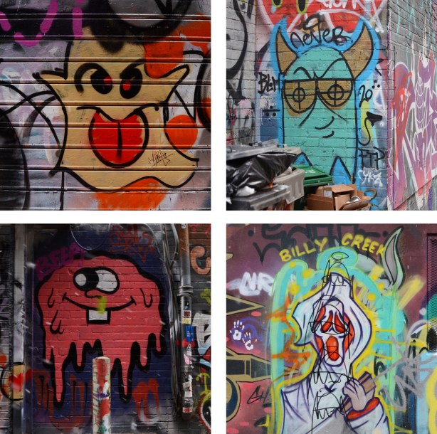 4 faces found in different pieces of street art, all cartoonish, including a one eyed pink monster with oozing body, 