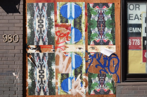 large jumblefacefoto collage paste up on a wall on Queen Street East, 3 vertical panels 