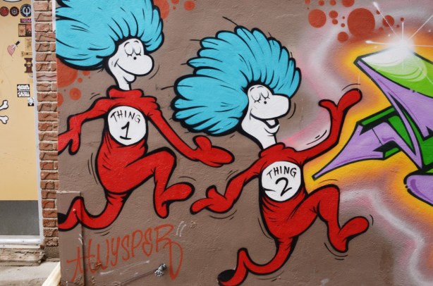 mural with Thing 1 and Thing 2 from Sr. Suess Cat in the Hat book