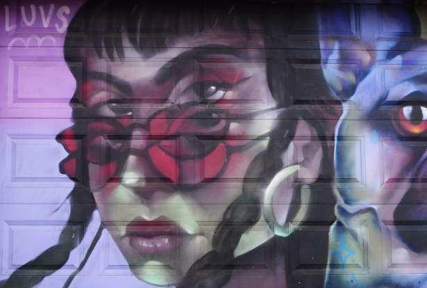 part of a mural by luvs of a woman's head and a bulldog beside her, duplicate eyes and sunglasses that she's looking over, on a garage door in rush lane 