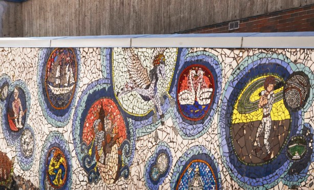mosaic pictures in circles forming a mural, Shore Stories, at ferry dock in Toronto 