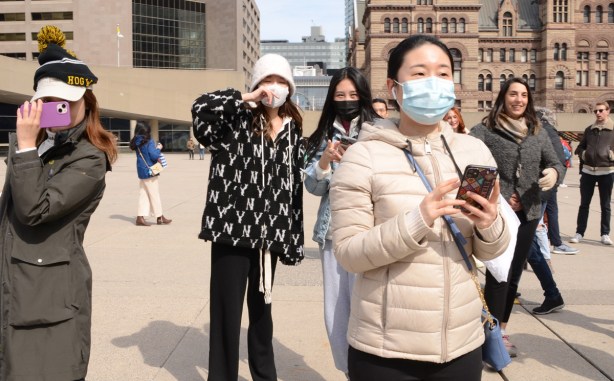 young women watching a pillow fight at Nathan Phillips square