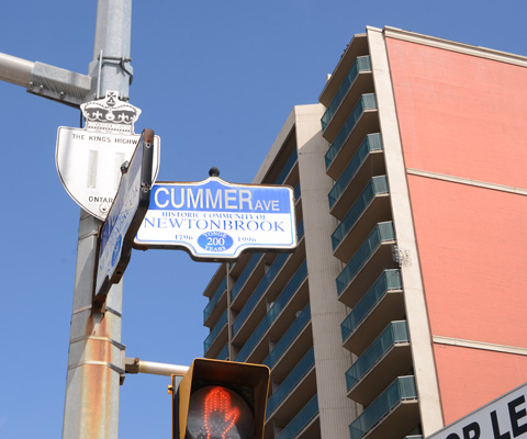 toronto street signs, cummer ave., yonge street, as well as provincial highway 11 sign for yonge street