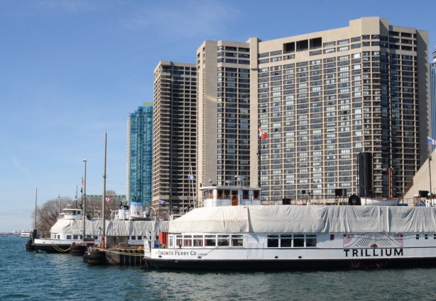 Trillium tour boat and other boats and ferries parked on Toronto waterfront, covered for winter storage, tall condos in a line along the waterfront in the background 