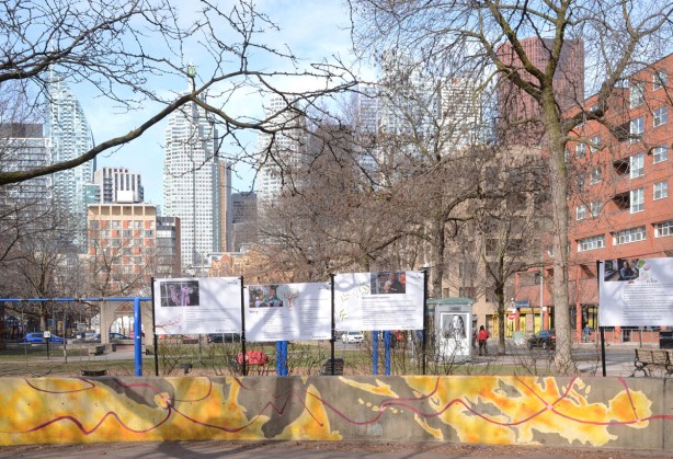 3 large posters with text and a small portrait in David Crombie Park with the Toronto skyline behind