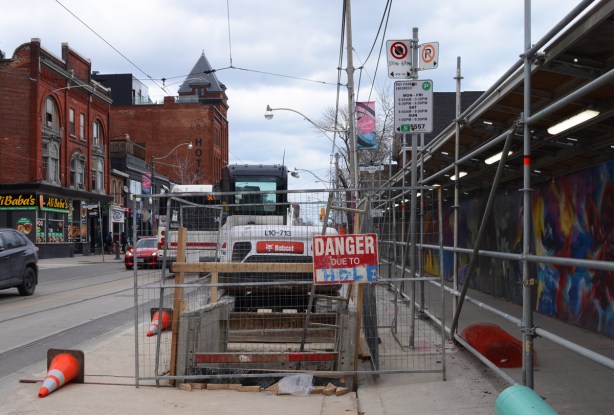looking east on Queen East towards Broadview and Broadview Hotel, construction on the south side