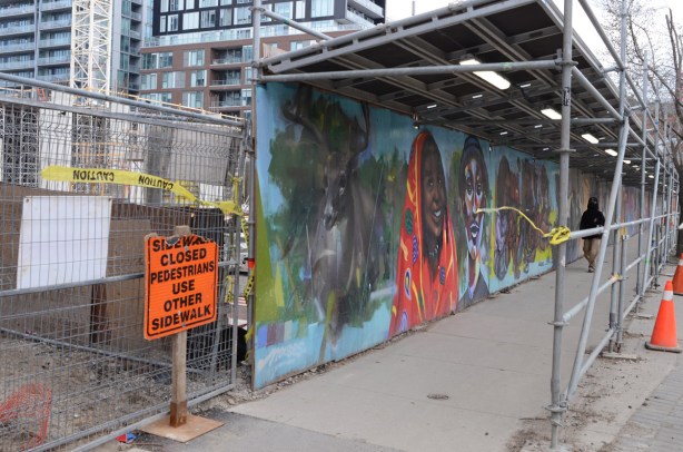 mural on construction hoardings, Queen Street East