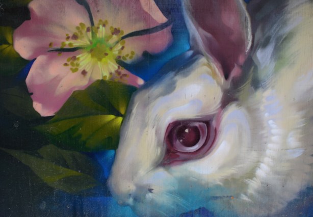 part of a mural on hoardings, close up of an eye of a white rabbit sitting beside a pink flower