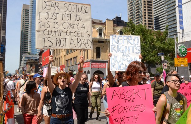 dyke march, people carrying placards re reproductive rights, dear scotus I just met you this is crazy a clump of cells is not a baby, also a pink sign that says abort the forced birth