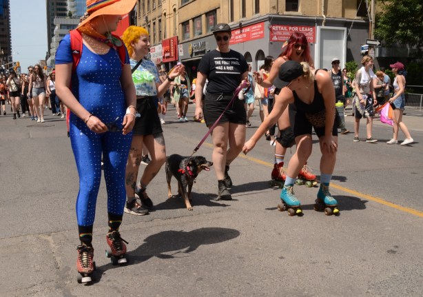 dyke march in toronto, woman in tight blue suit and on roller skates, another with orange hair walking a dog, another on roller skates stopping to pat dog