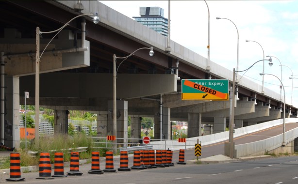 closed sign at the ramp to the Gardiner Expressway eastbound at Lower Jarvis, along Lakeshore