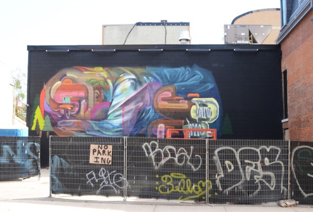 a large mural of a an abstracted person lying on his or her side with knees bent up