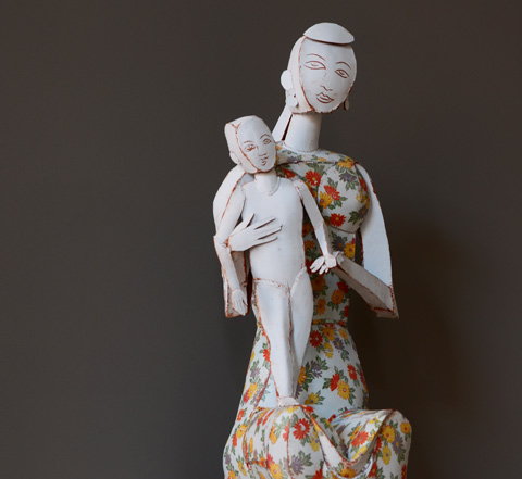 small mother and child sculpture by Ann Agee called flowered drress Madonna, made in 2021
