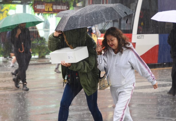 people crossing yonge street in the rain, two sharing an umbrella, one holding a white box and hiding under the fur lined hood of her green jacket 