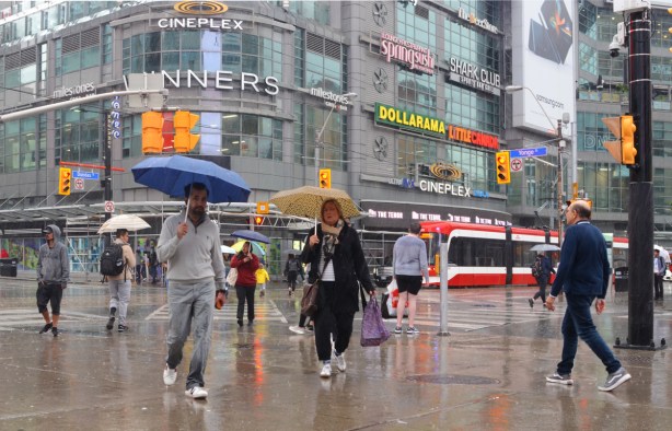 people with umbrellas walking in the rain at Yonge and Dundas