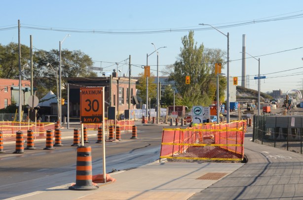cherry street and commissioners street intersection, canary diner restaurant, construction, port lands redevelopment 