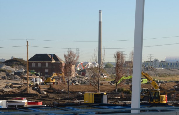 looking east from port lands yellow bridge, overlooking construction in port lands