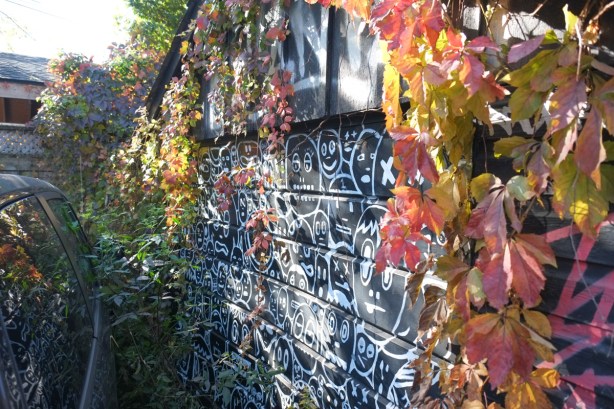 ivy and vines with leaves in green, yellow, and red, hangs over a garage with a door that is black with white line drawings all over it 