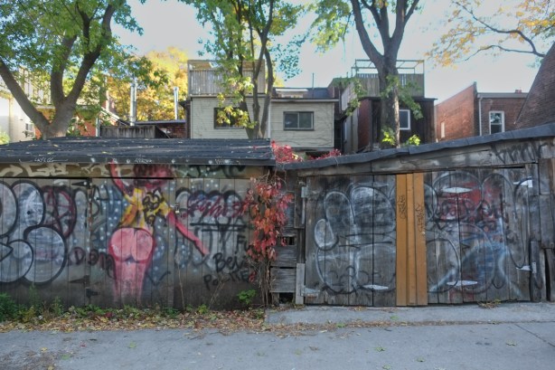 alley view, garages with street art and graffiti including a pink bum, with backs of houses and trees seen above the garages