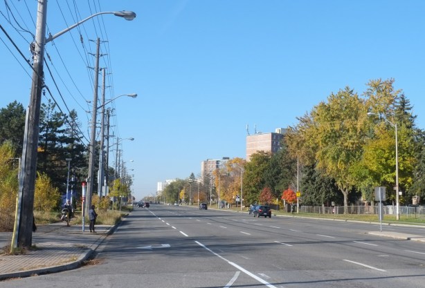 morningside avenue, north from kingston road, some apartment buildings and trees, 4 lanes of traffic