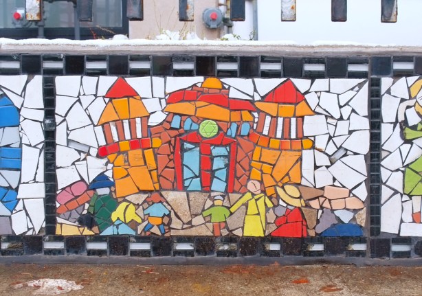 scene from a mosaic mural like a film, with sections and sprockets, a group is heading to a synagogue for a wedding 