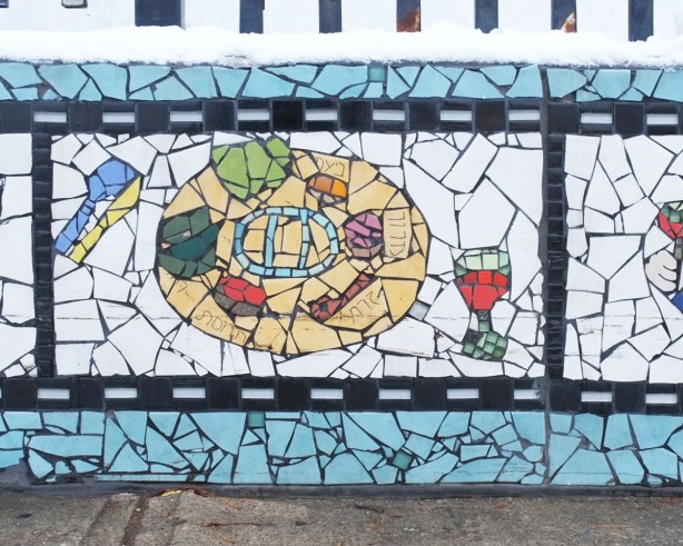 mosaic, Mural Routes, Almond and wine, passover dinner scene, in a film with sprockets 