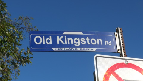 scarborough blue and white street sign for old kingston road, highland creek