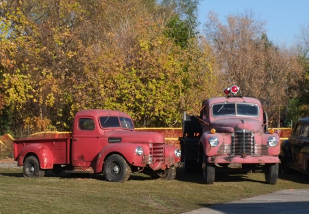 two old red trucks