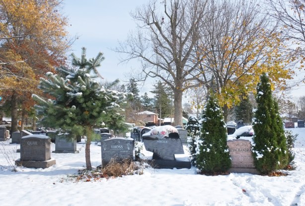 monument stones in St. Margarets cemetery in winter with surnames quail, thoss, and nikolic