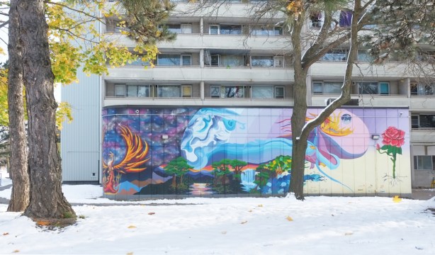 mural in front of an apartment building at Morningside and Lawrence