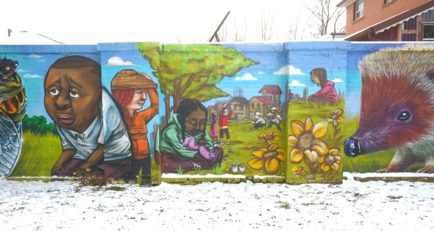 outdoors theme mural on wall at west lodge ave apartment buildings, parkdale