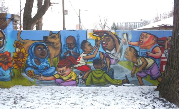 mural by elicseer elliott, people outside, two boys playing basketball, 