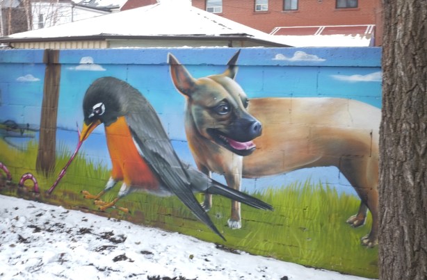 mural, nick sweetman, brown dog standing beside a large robin that is pulling a pink worm out of the ground