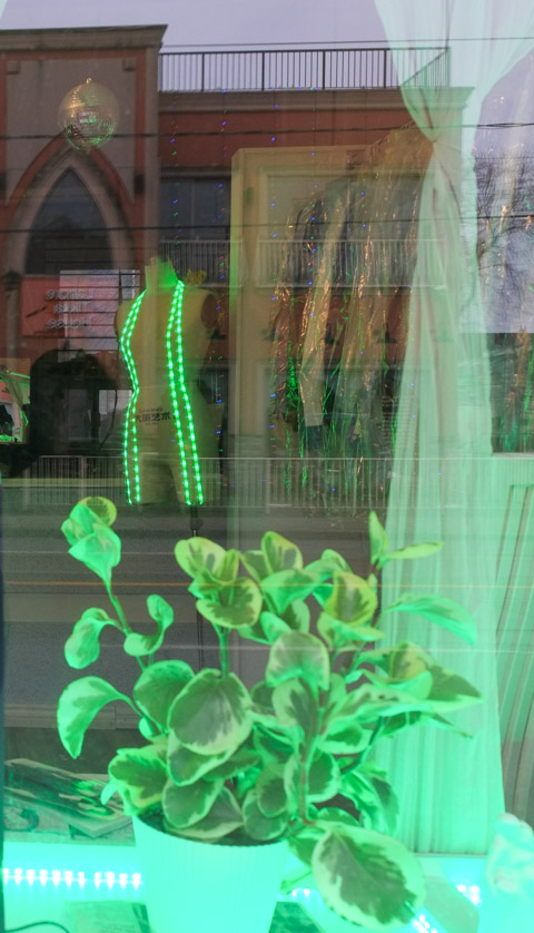 looking in the window of a store that has a bright green light shining on a plant by the window, reflections, clothes hanging inside