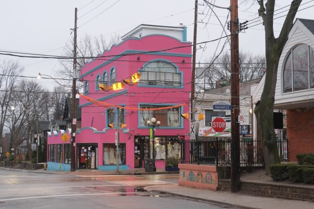 pink three storey store on Gerrard