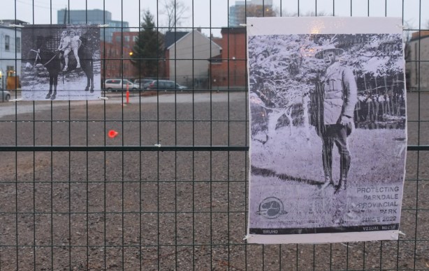 two black and white photos, one of kids on horse back, on metal fence around a vacant lot, part of Parkdale Provincial Park protest