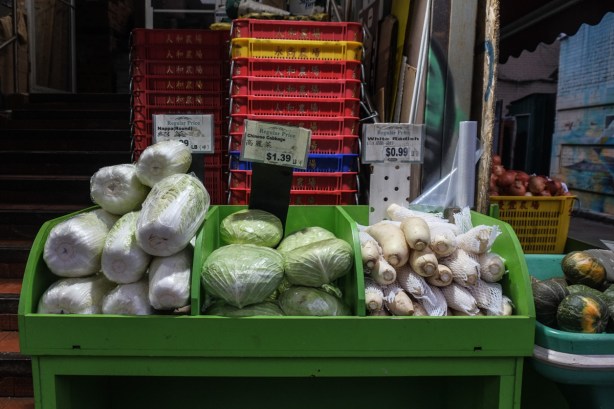 on display outside, for sale, chinatown, veggies, 