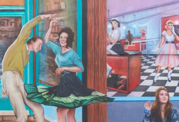 part of mural by Christiano De Araujoo, windows of time, in Weston, history series, Out and About, people doing things